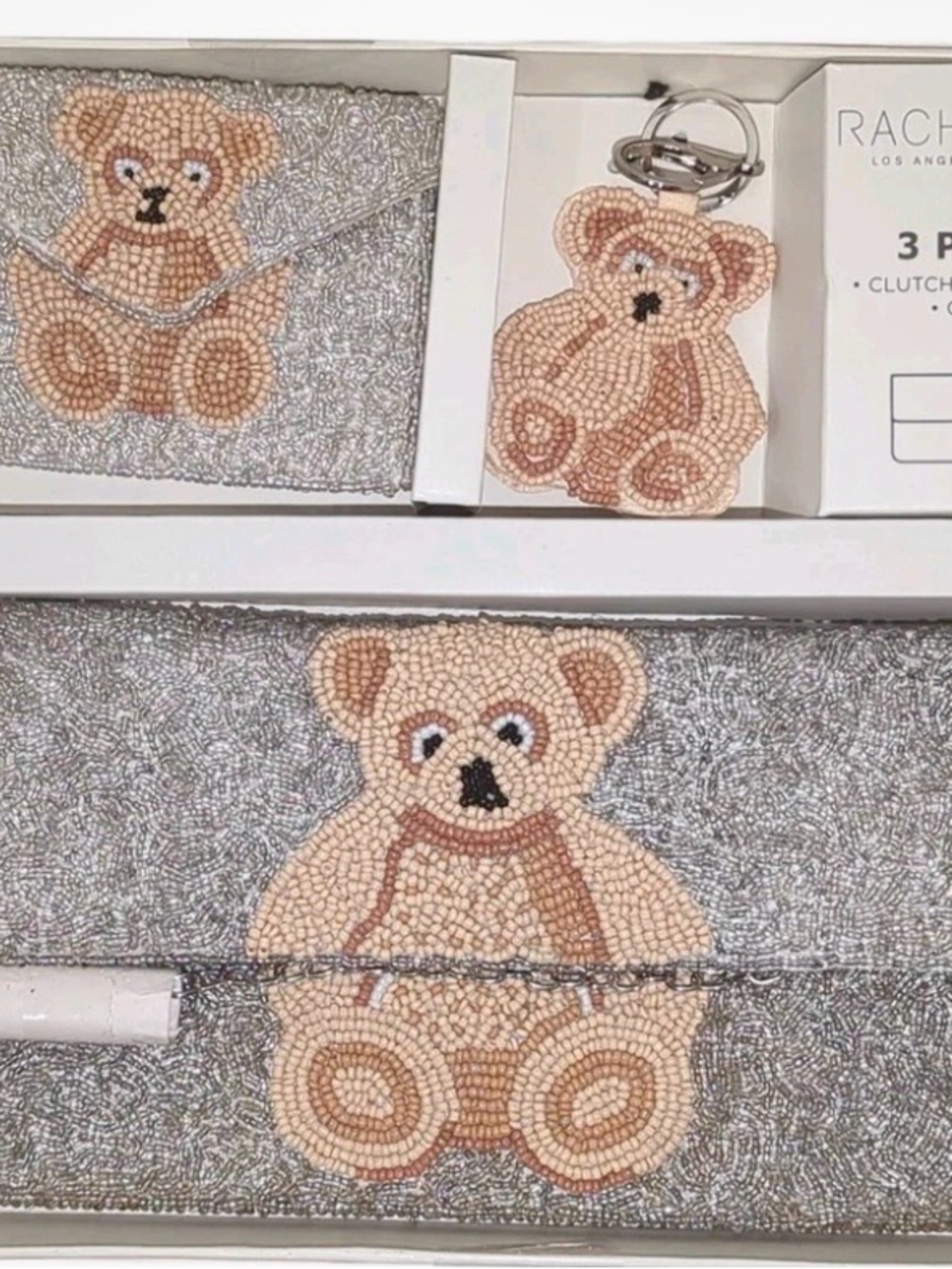 Sparkle Bear Clutch and Card Case and charm Set - Silver with Brown Bear Accent
